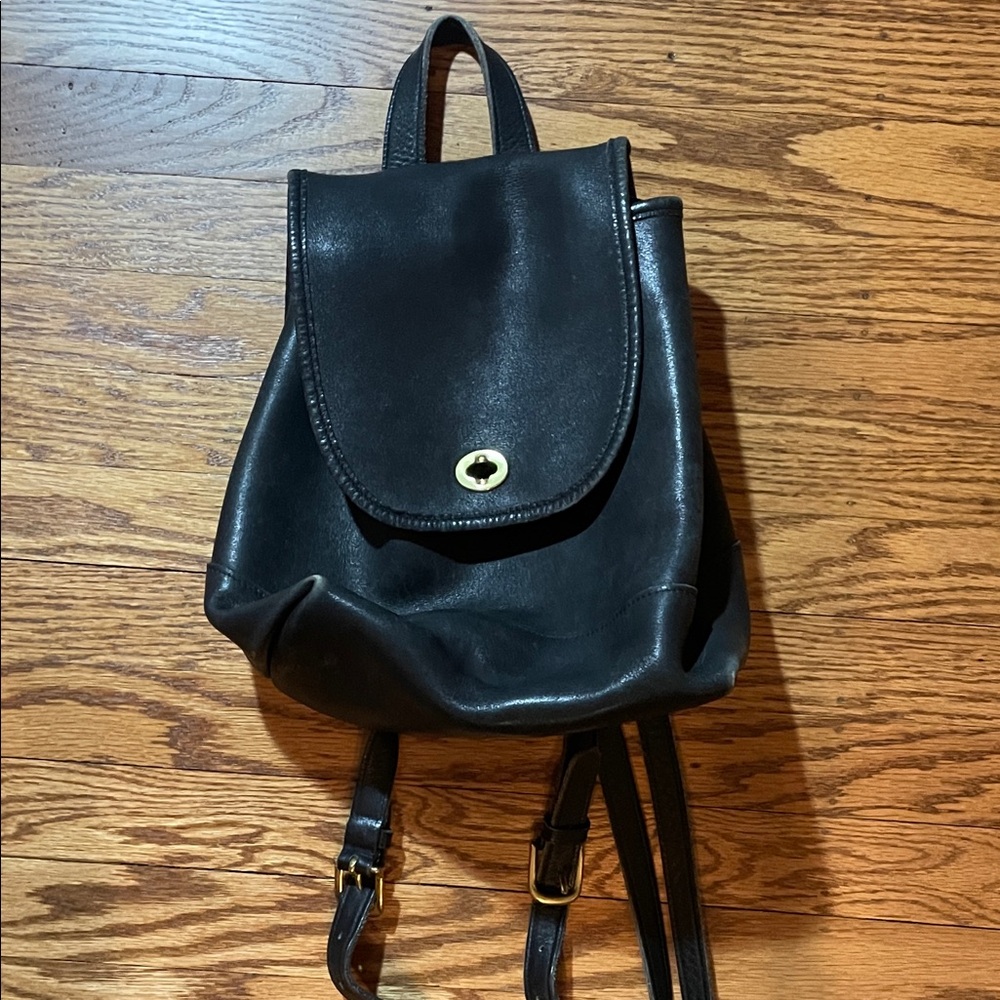 Vintage Coach Black Leather Backpack with Gold Accents - Picture 1 of 3